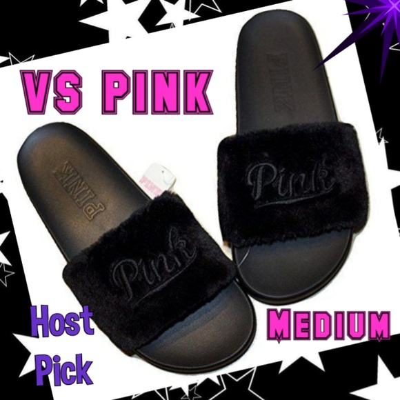 PINK Victoria's Secret Shoes - VS PINK Black Fur Slides Embroidered💕LOGO - NIP
